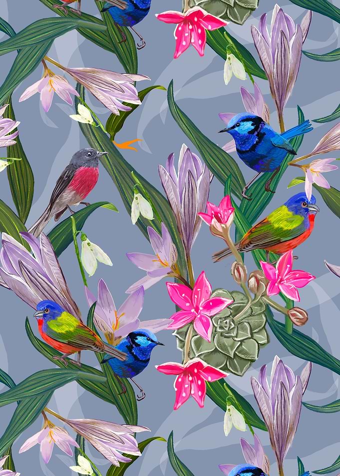 Vibrant Birds and Floral Pattern