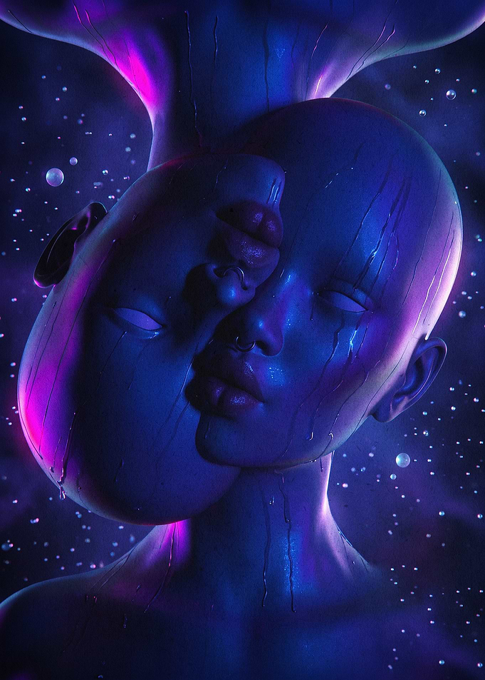 Surreal Heads Cosmic Neon Poster