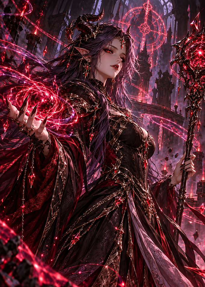 Dark Fantasy Sorceress with Magic Staff