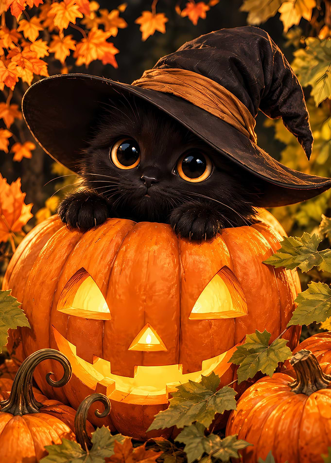 Cute Black Kitten in Halloween Pumpkin
