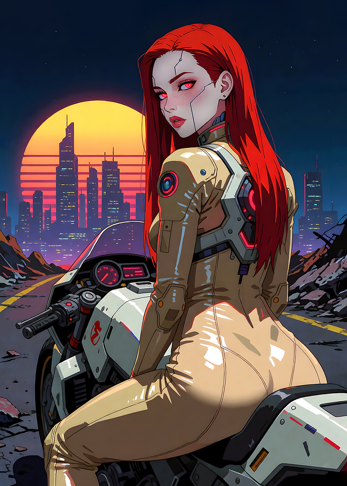 Cyberpunk Biker Girl at Sunset