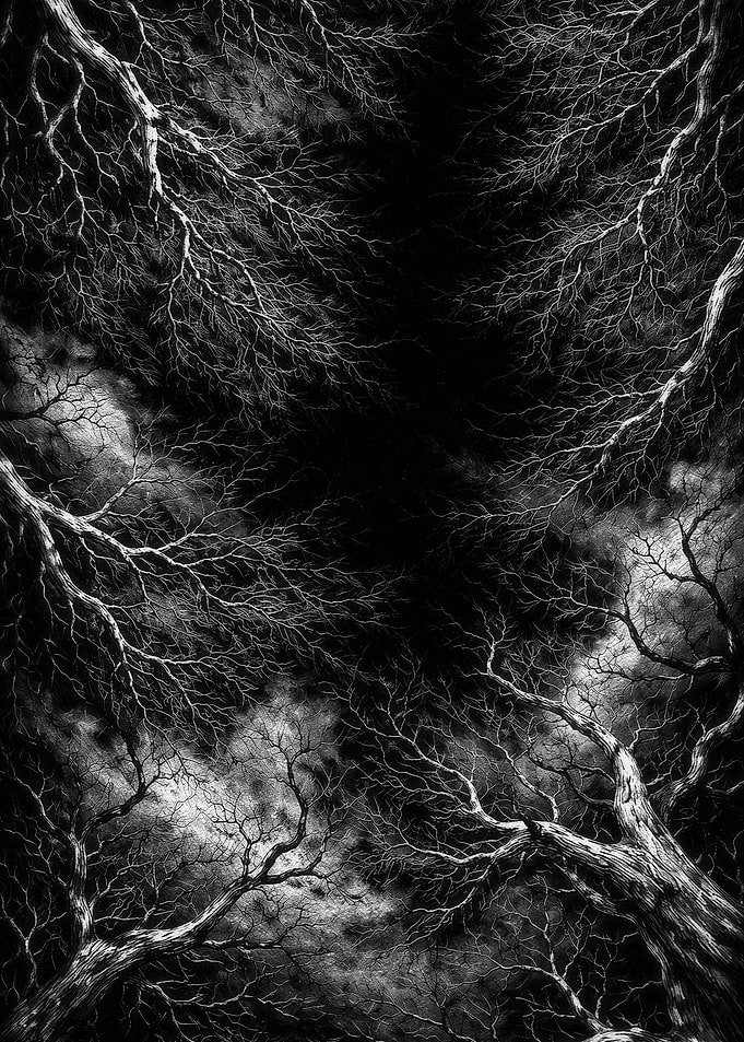 Eerie Bare Trees Under Dark Sky