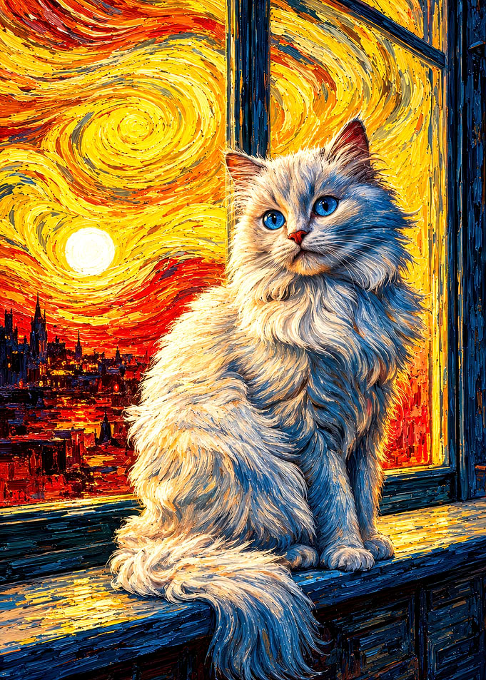 Fluffy Cat in Van Gogh Style