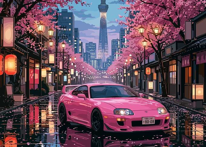 Pink Toyota Supra in Tokyo Street