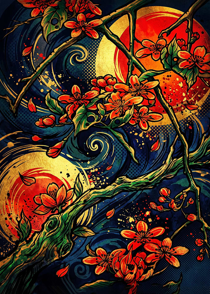 Vibrant Cherry Blossoms and Golden Suns