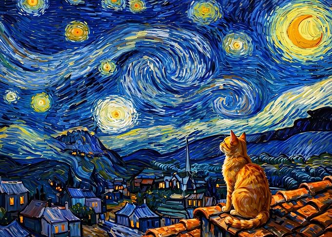 Ginger Cat Watching Starry Night