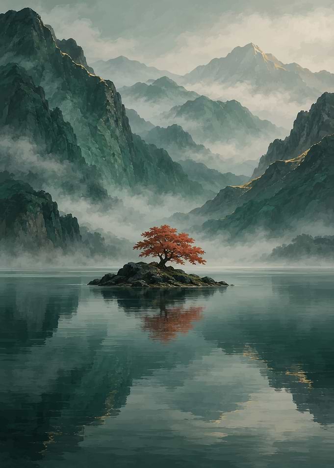 Lone Red Tree on Misty Lake
