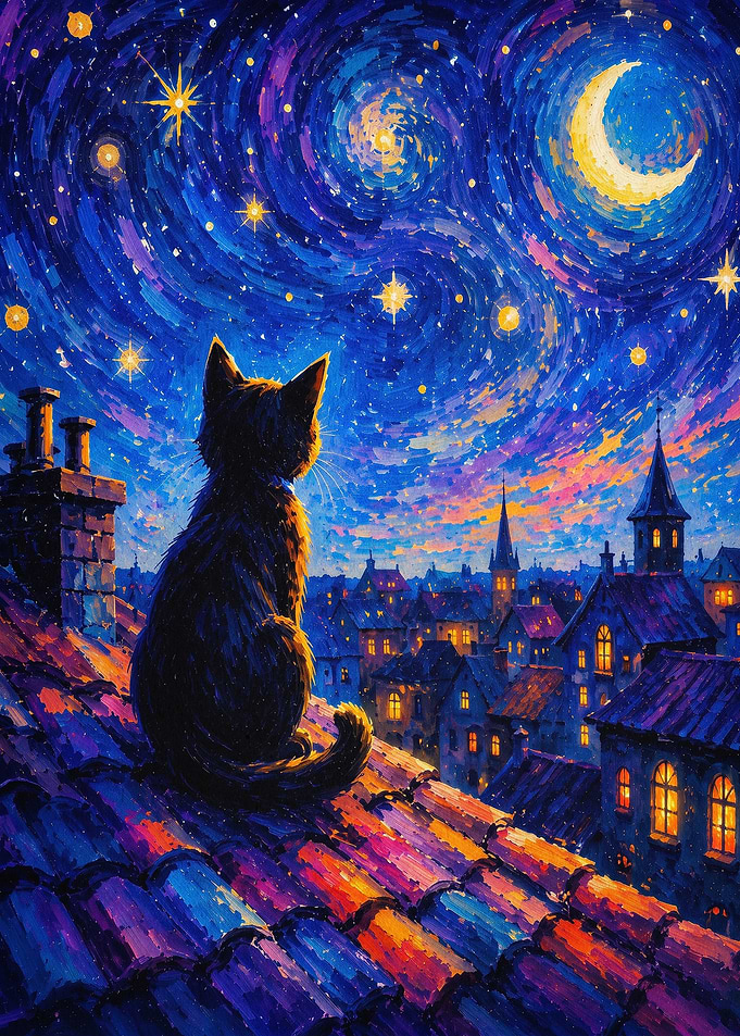 Starry Night Cat Rooftop Art Poster