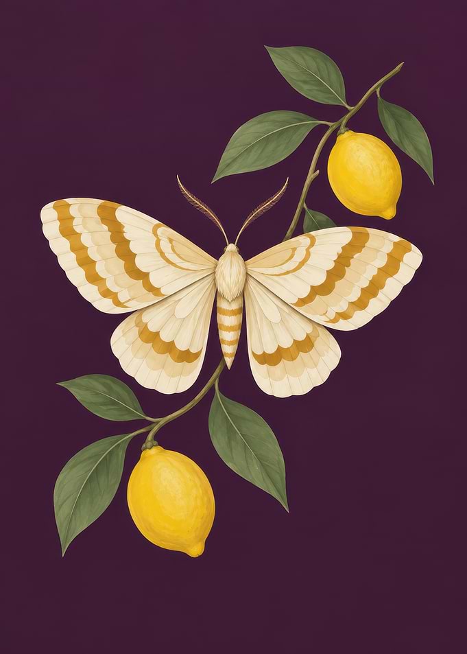 Moth and Lemon Branch Illustration