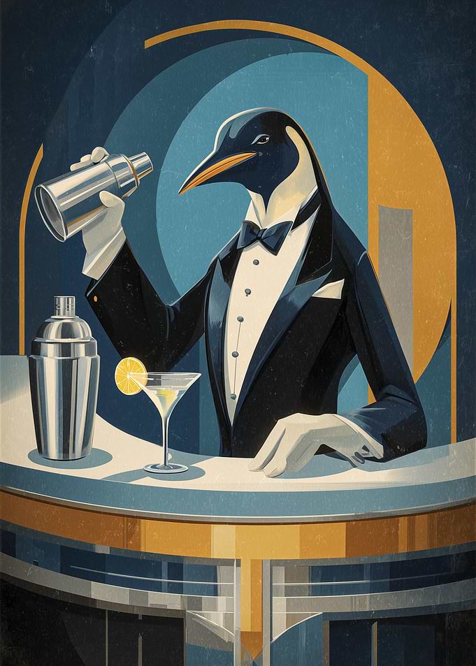 Sophisticated Penguin Bartender Art Deco Poster
