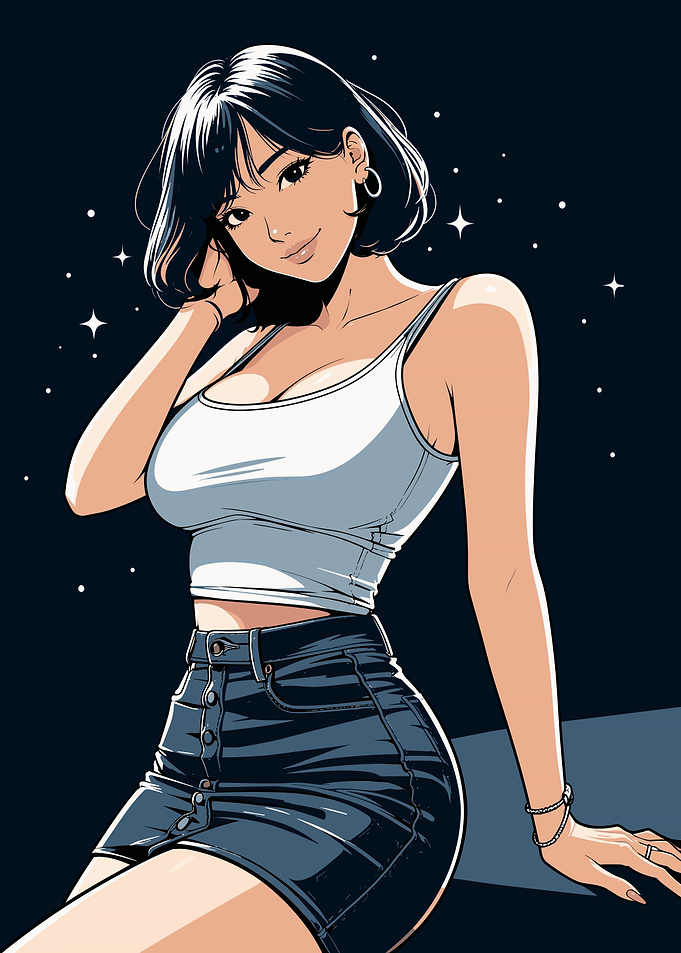 Anime Style Girl in Denim Skirt