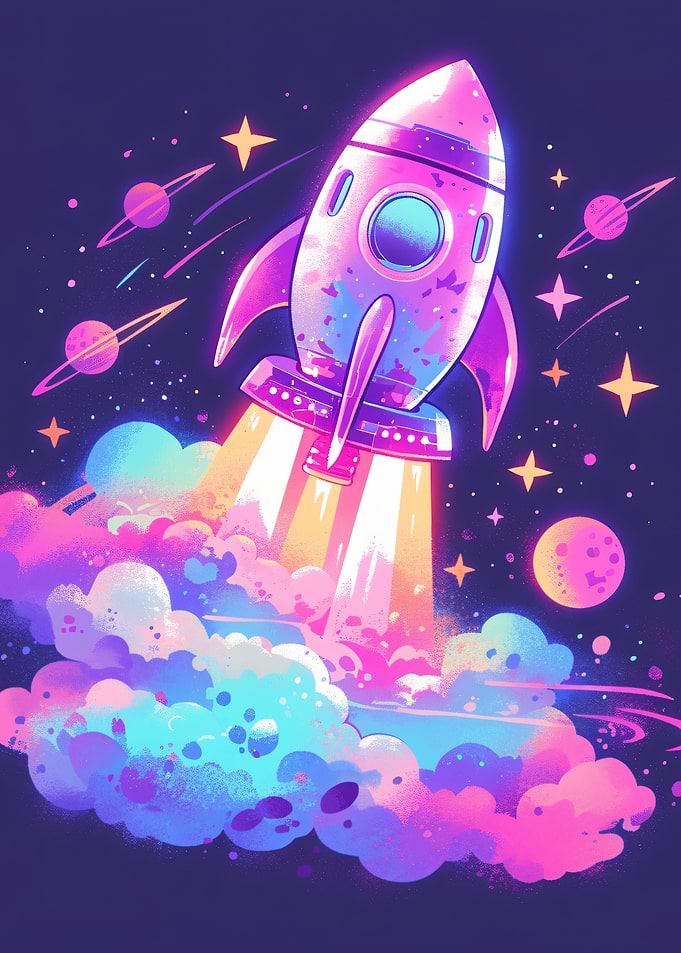 Neon Rocket Launching Into Space