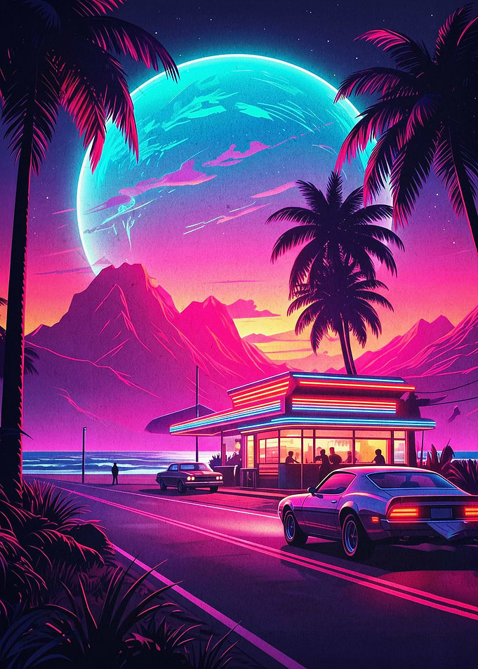 Retro Synthwave Beach Neon Poster