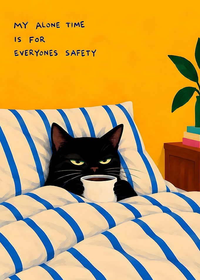 Grumpy Black Cat Drinking Coffee
