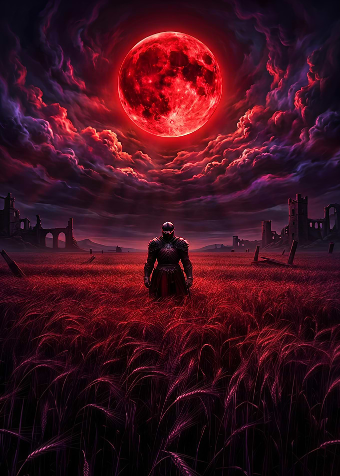 Knight Standing Under Blood Red Moon