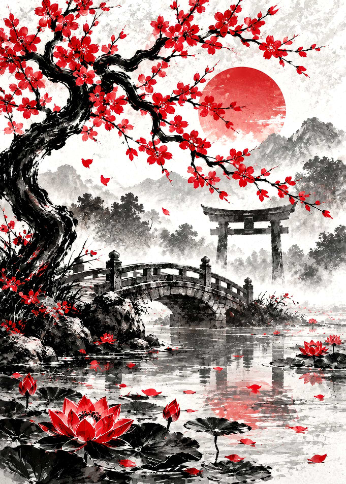 Traditional Japanese Landscape with Red Blossoms