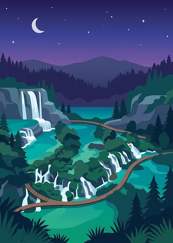 Nighttime Waterfall Landscape Illustration