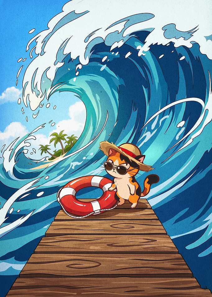 Surfing Cat Beach Vibe Anime Poster