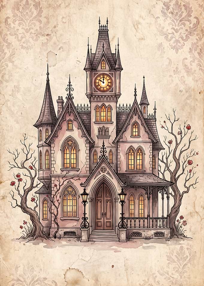 Gothic Victorian Haunted Mansion Illustration