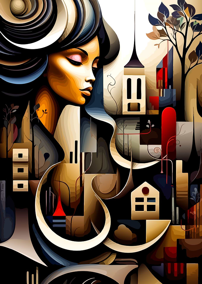 Abstract Portrait of Woman and Cityscape