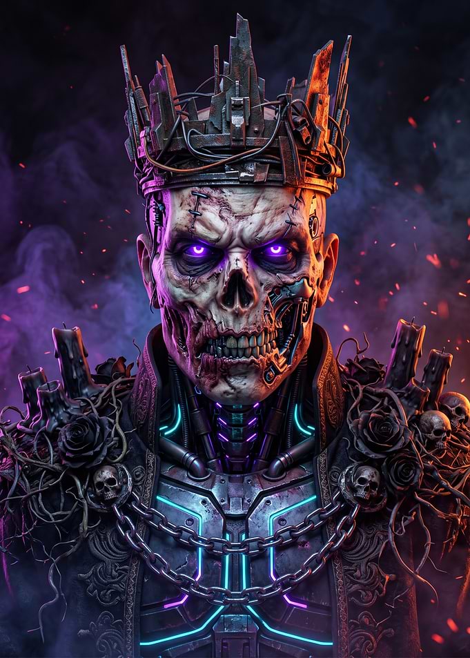 The Neon Corpse King, Cyberpunk Undead Monarch, Gothic Horror Skeleton King, Dark Fantasy Artwork