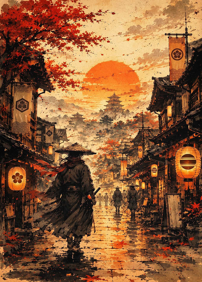 Samurai Sunset Village Vintage Post