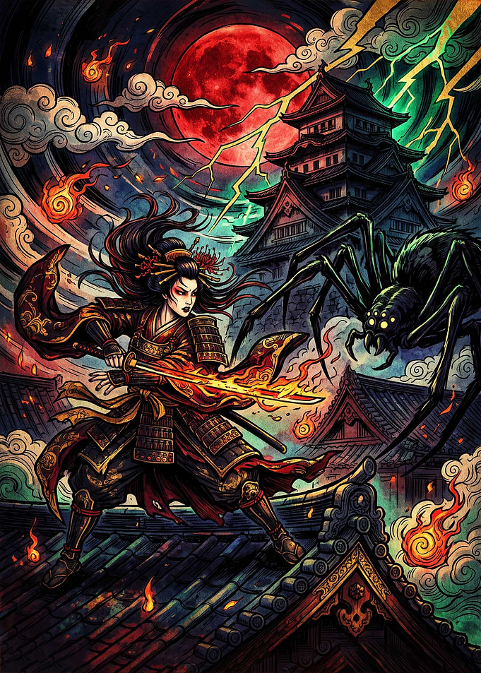 Samurai Warrior Fighting Giant Spider