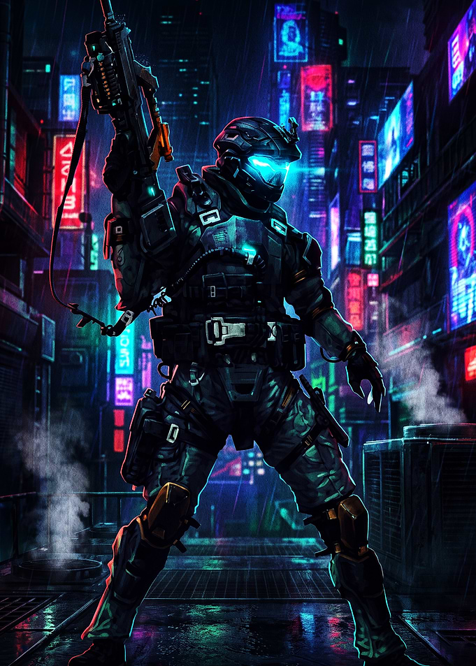 Cyberpunk Soldier in Neon City