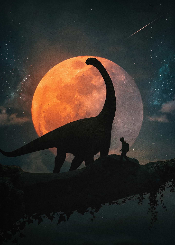 Dinosaur Moon Night Surreal Art