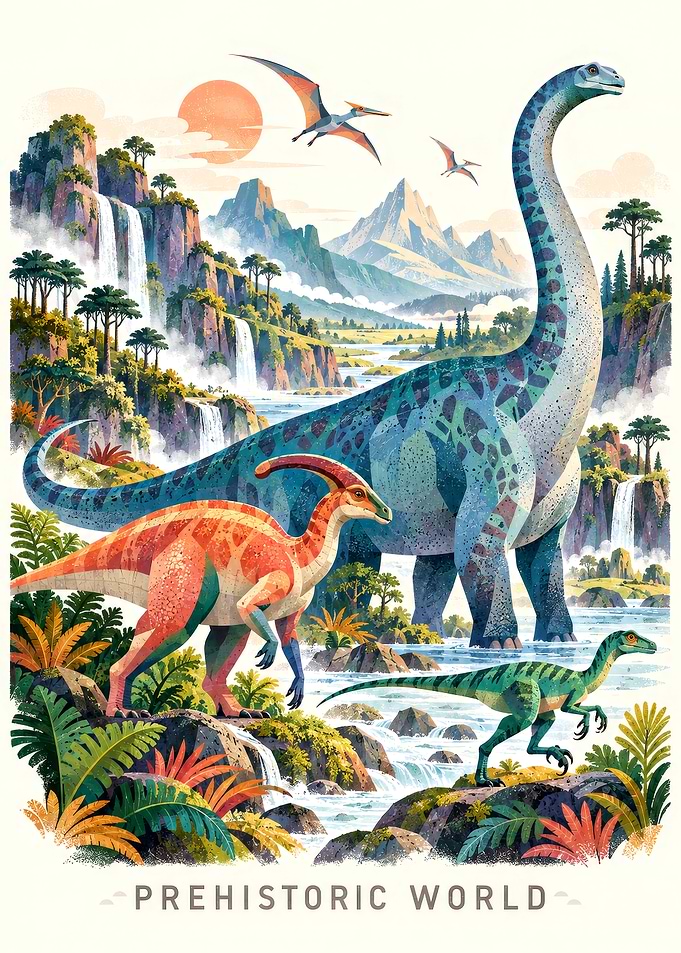 Prehistoric World Dinosaur Landscape Poster