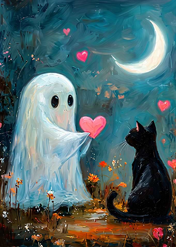 Ghost Offering Heart to Black Cat