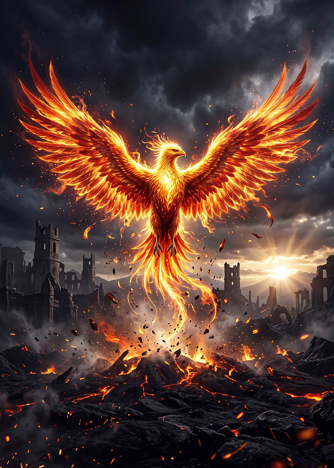 Majestic Phoenix Rising from Ruins