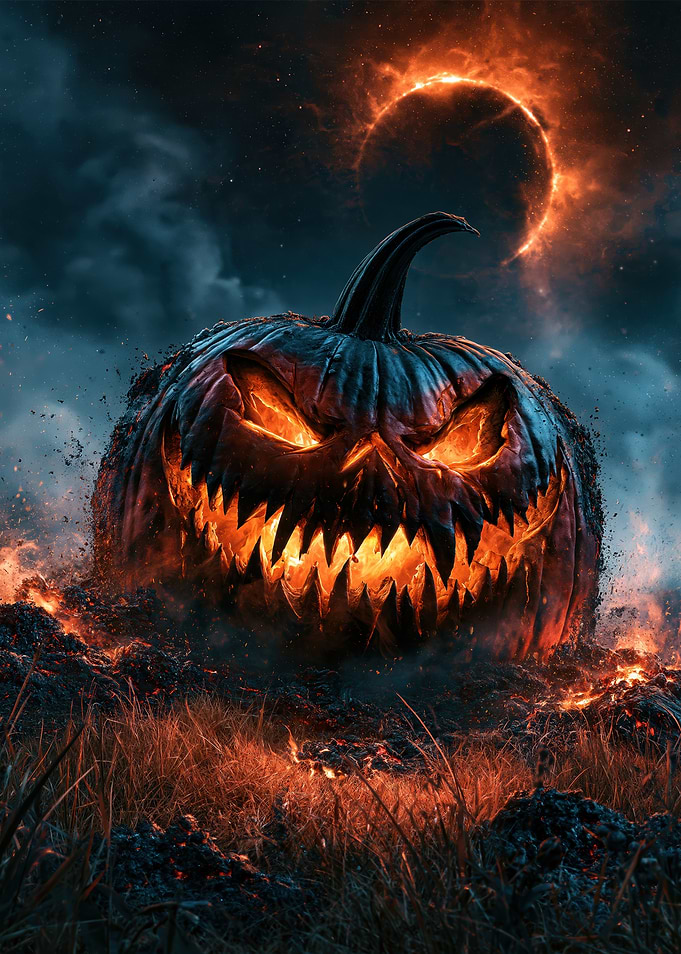 Fiery Evil Jack-o'-Lantern Under Eclipse