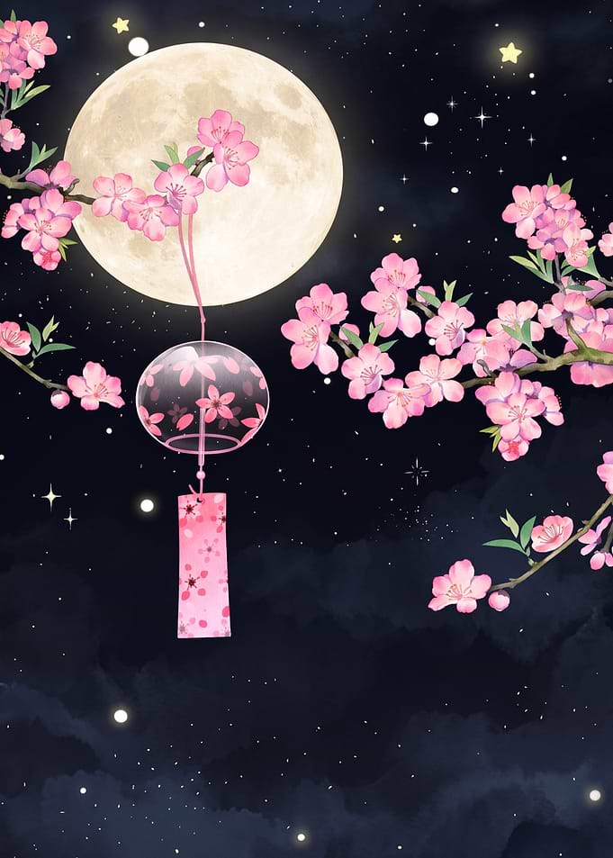 Cherry Blossom Wind Chime Under Moon