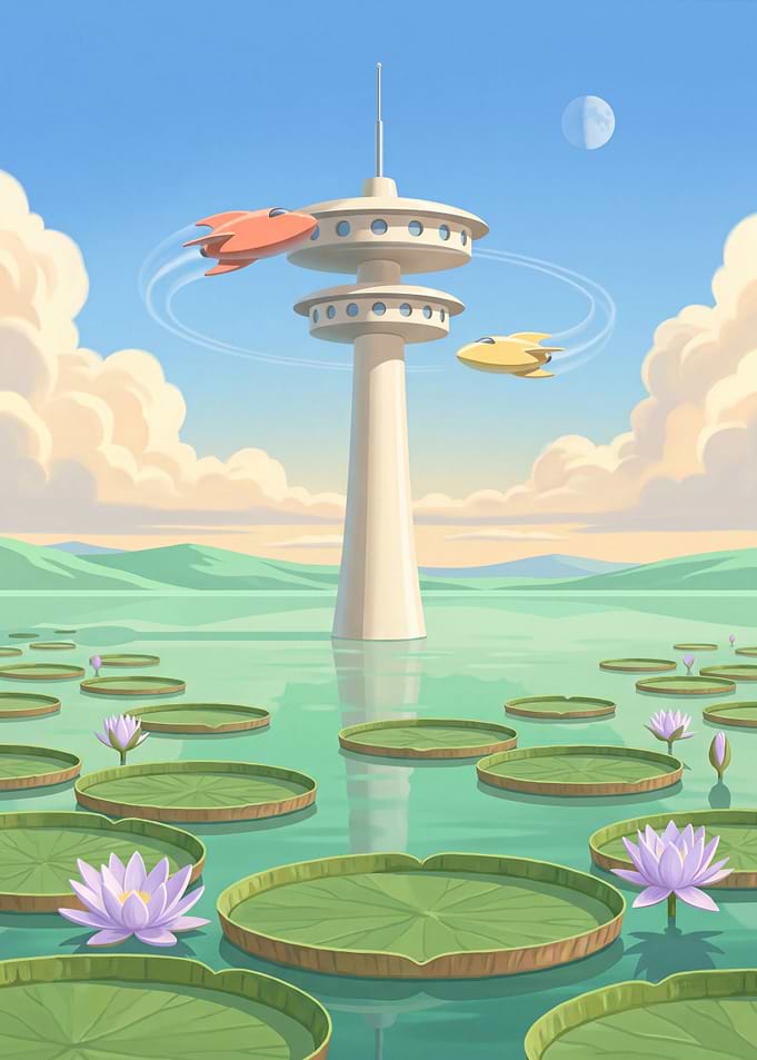 Retro Weather Tower Over Jade Lake