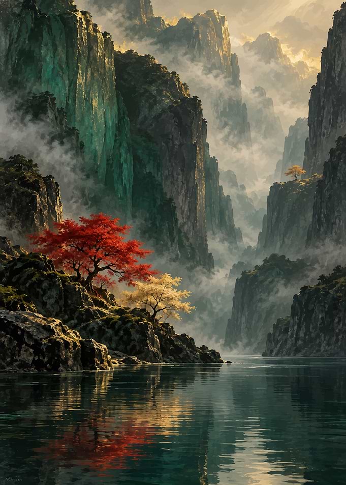 Misty Mountain Lake with Vibrant Trees