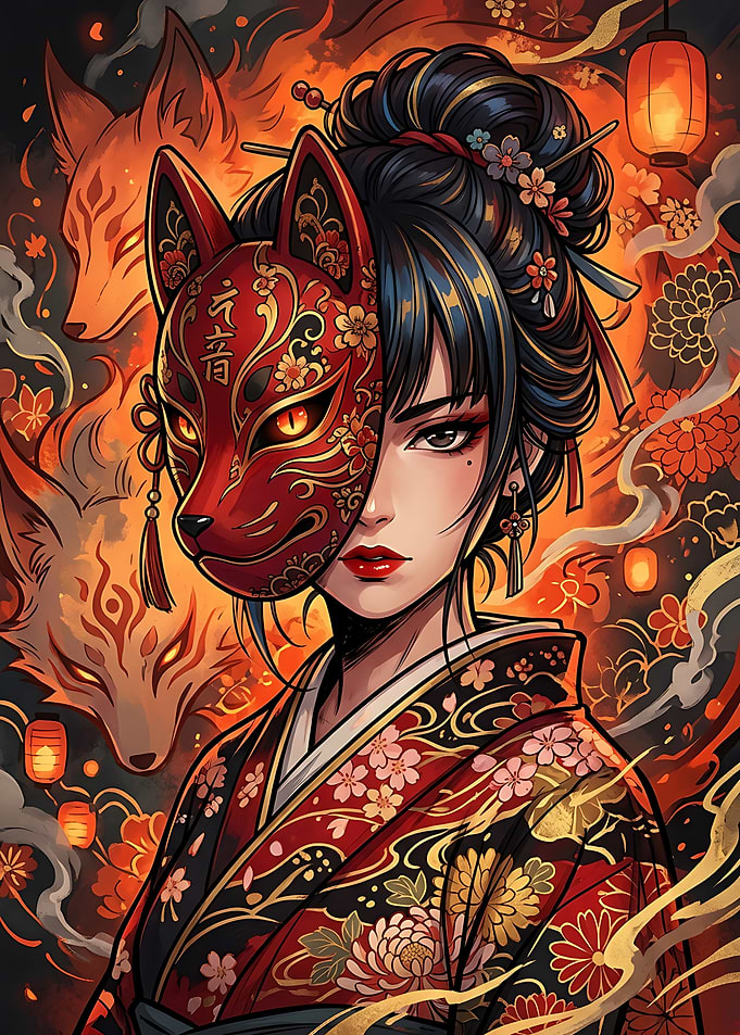 Woman Wearing Kitsune Mask