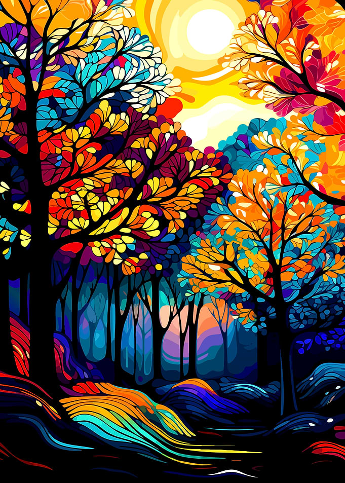 Vibrant Stained Glass Style Forest