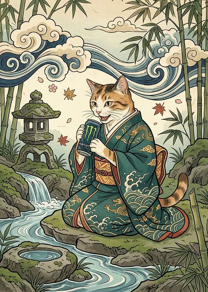 Cat in Kimono Drinking Monster Energy