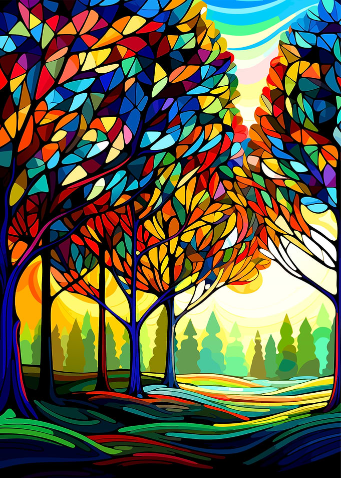 Stained Glass Style Colorful Forest Landscape