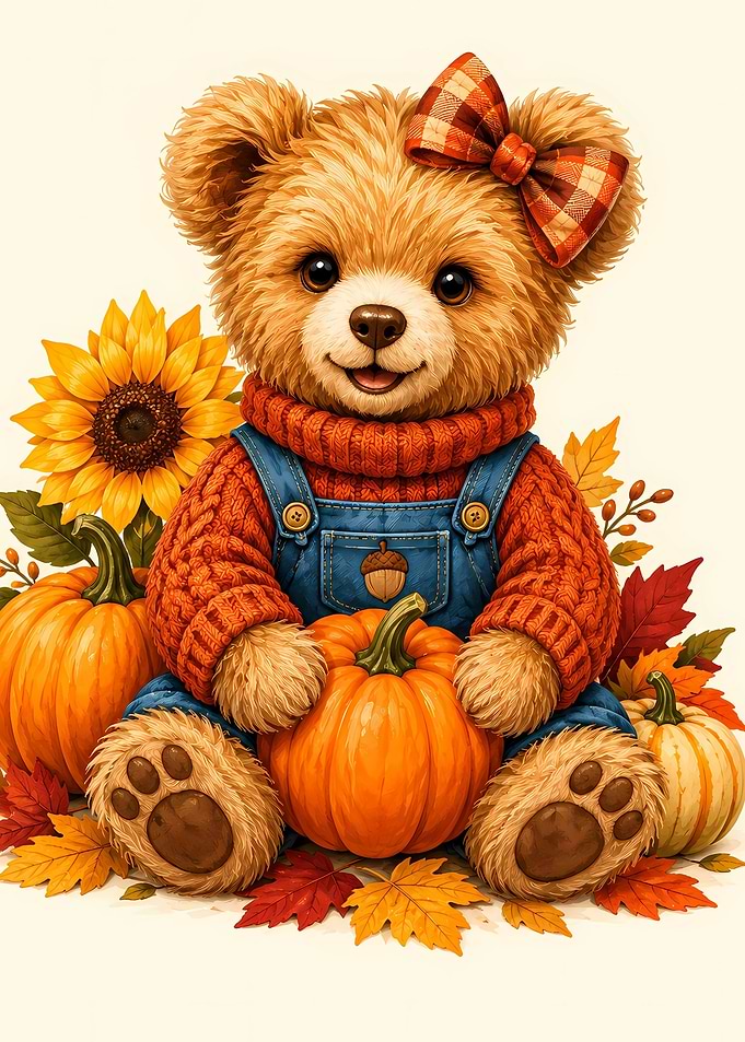 Cute Teddy Bear with Autumn Pumpkins