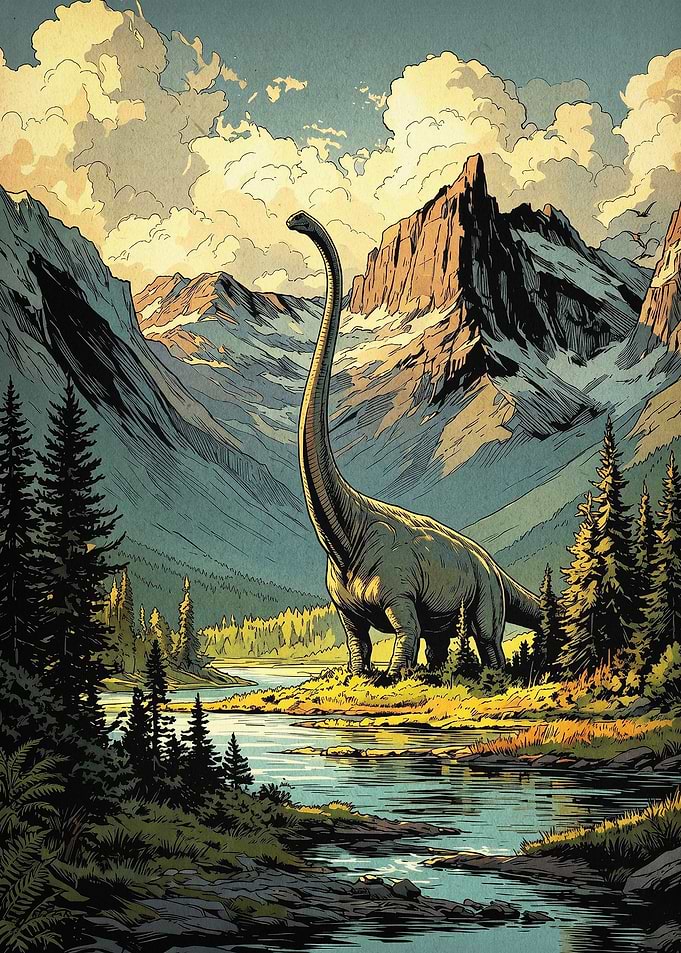 Dinosaur Mountain Valley Retro Art