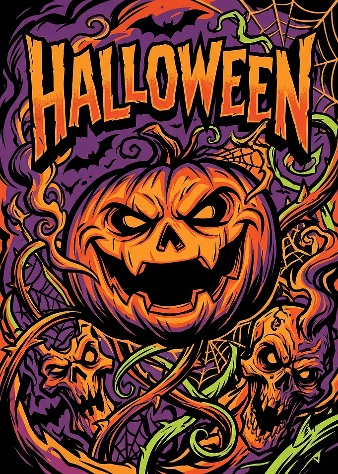 Spooky Halloween Pumpkin and Skulls Illustration