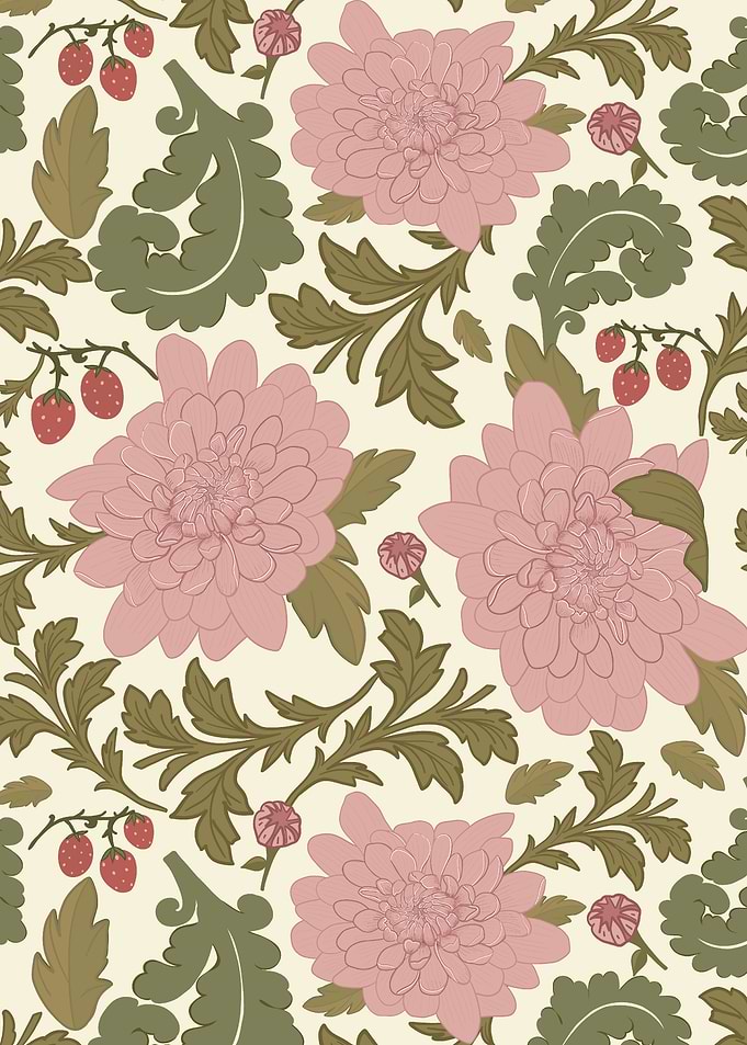 Vintage Floral Pattern with Strawberries