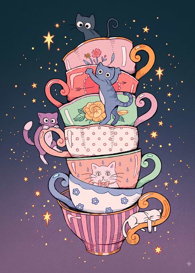 Stack of Whimsical Tea Cups with Cats