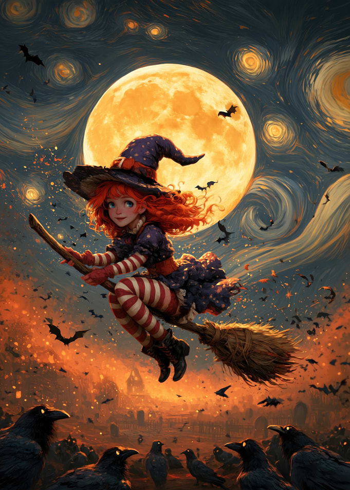 Young Witch Flying Under Full Moon