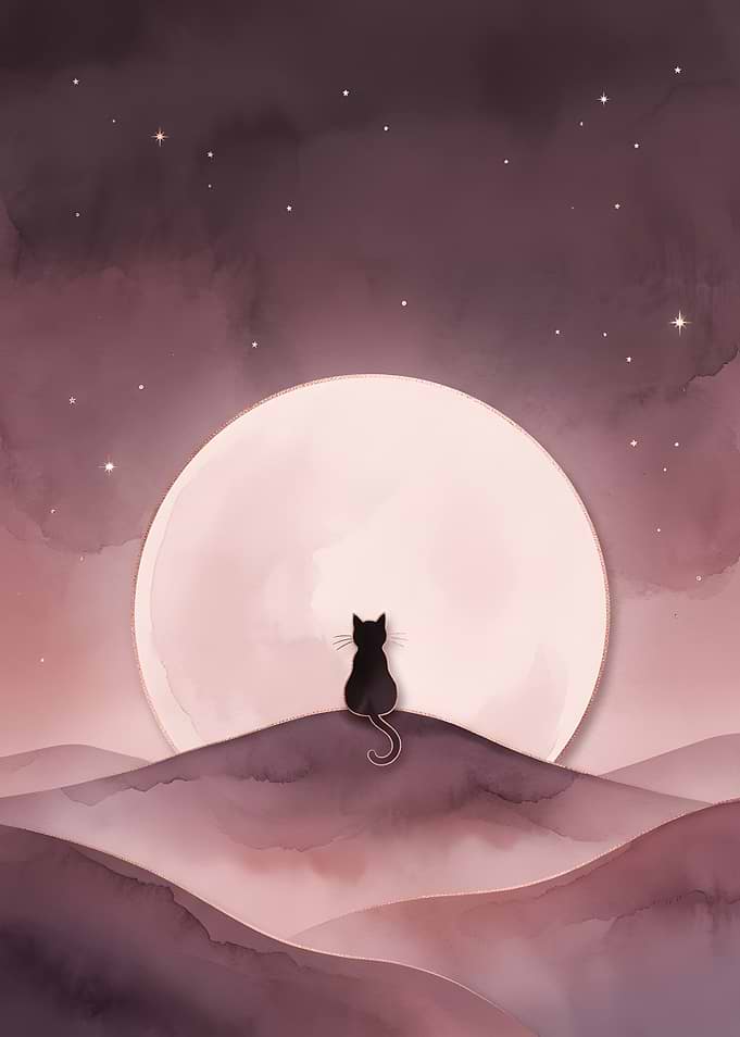 Cat Art Print — Black Cat Moon Poster, Pink Moon Wall Art, Cute Cat Silhouette, Mauve Room Decor