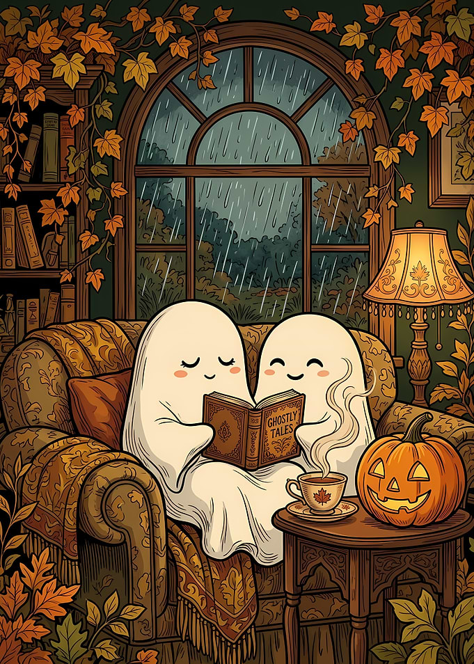 Cute Ghost Couple Halloween Autumn Bookworms