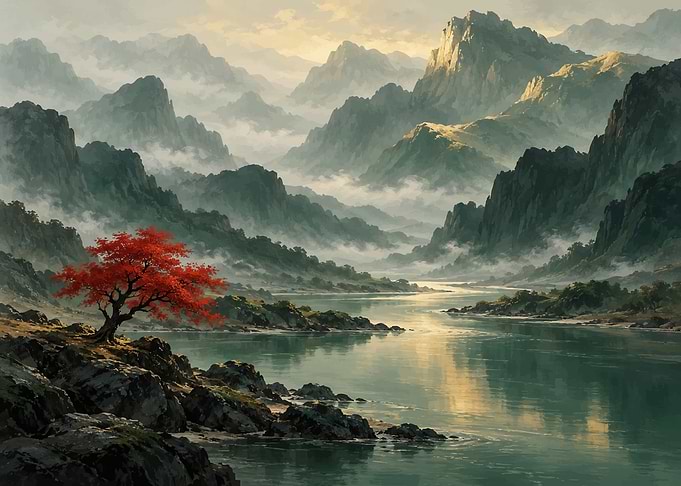 Red Tree by Misty Mountain River