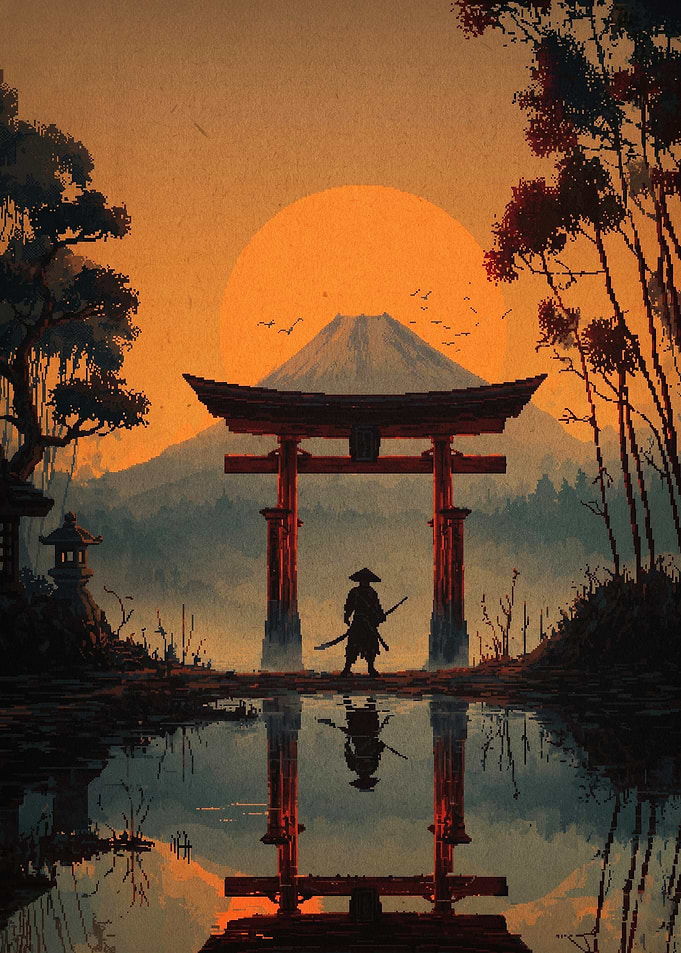 Samurai Sunset Fuji Torii Art Poste